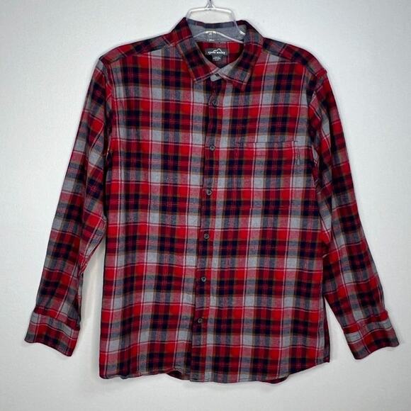 Eddie Bauer Shirt Men XLarge Red Gray Plaid Flannel Button Up Campcore Cabincore - Picture 2 of 7